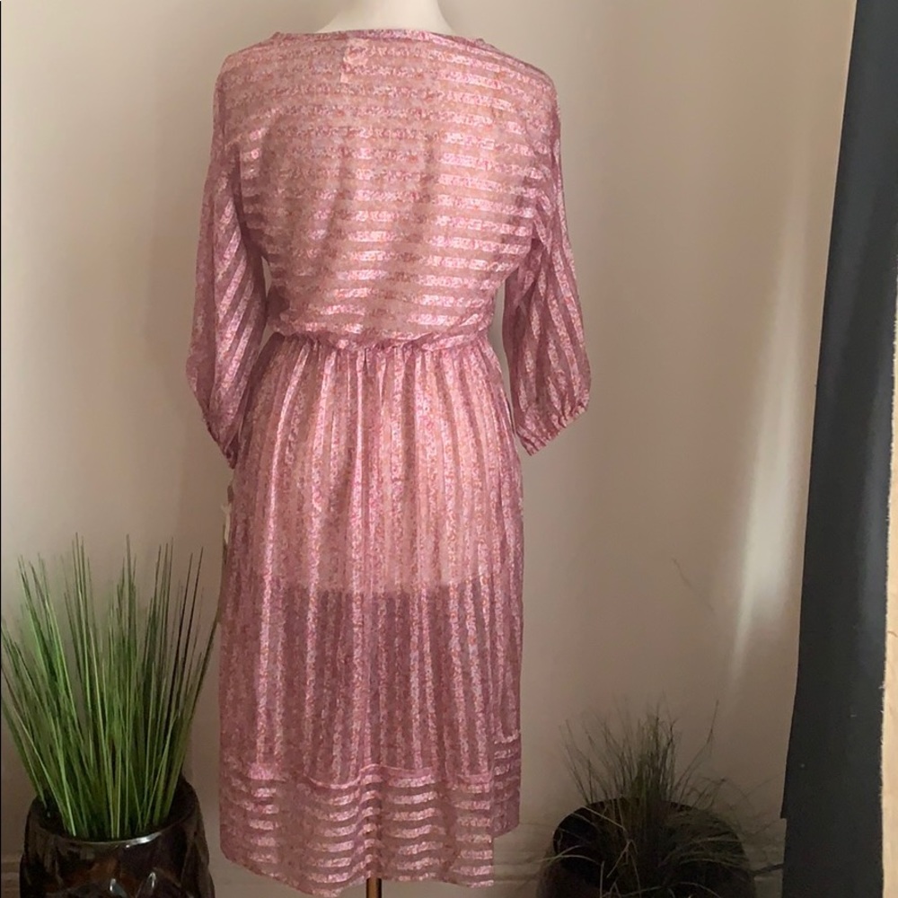 VINTAGE 70s New Pink Floral Sheer Stripe Dress - Picture 2 of 5